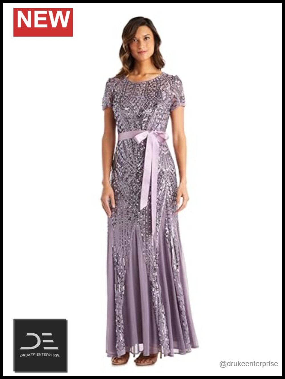 Sequin Evening Gown with Panel Godet Skirt & Ribbon Sash Short Sleeve Formal